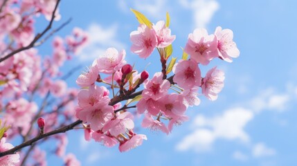 Spring banner, branches of blossoming cherry against background of blue sky. Neural network ai generated art