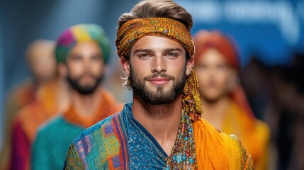 Convergence of cultures in fashion, a runway show blending traditional garments with modern designs