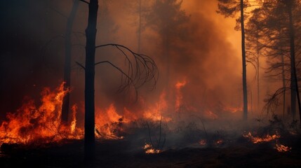 Fire accident in forest area due to global warming. Neural network ai generated art