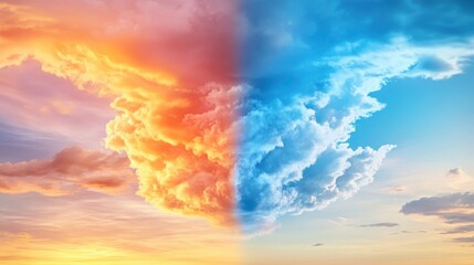 Obraz premium Convergence of dawn and dusk, a sky split between the colors of sunrise and sunset