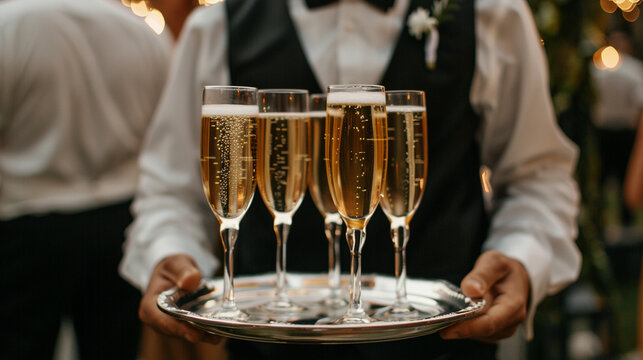 A waiter holding a tray of champagne flutes during a wedding reception - Powered by Adobe