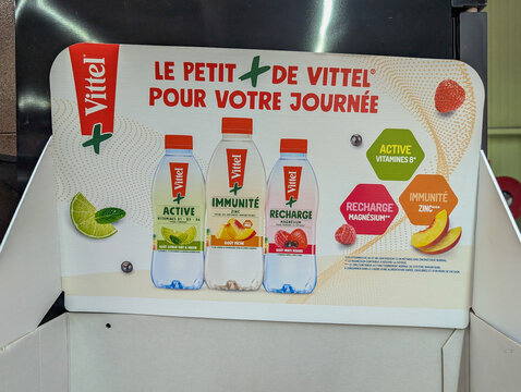 France, 13 August 2024: Vittel drink promotional display in a supermarket.