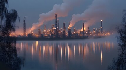 Naklejka premium A city skyline with a beautiful sunset in the background. The sky is filled with clouds and the sun is setting. The city is lit up with many lights, including the many tall buildings