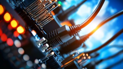 Close up of Network Cables Connected to Server Rack with Blue Sky Background