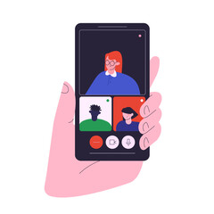 Holding cell phone conference calls with friends, collegues or students. Online mobile meeting with the mobile conferencing app. Hand with smartphone. Video conference call. Isolated illustration