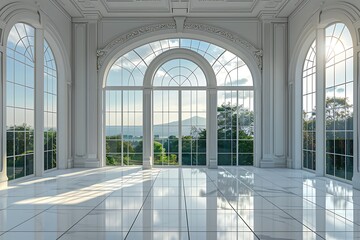 : An empty room with a grand arched ceiling, white marble floors, and large, floor-to-ceiling windows showcasing a stunning view outside. 32k, full ultra hd, high resolution