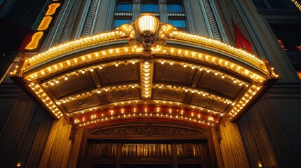 A grand theater marquee with bold, illuminated by bright lights