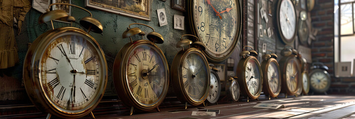 A row of antique clocks, their hands frozen in time, surrounded by old photographs and fading paintings.