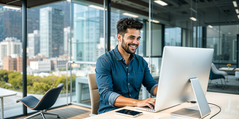 Fototapeta premium businessman working on computer in office - Businesses office works - Businessman, happy smiling, office room