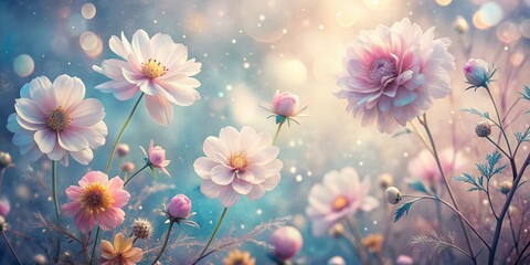 vibrant blooms delicate petals soft focus dreamy romantic pastel hues lavender misty whimsical ethereal
