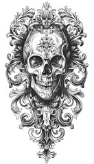 Tribal Skull and Baroque Patterns Tattoo black and white illustration
