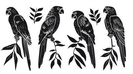 Fototapeta premium Parrots linocut with botanical plant, black silhouette line style. Hand drawn sketch of stylized for print. Ai generative