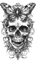 Tribal Skull and Butterfly Tattoo black and white illustration
