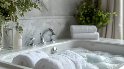 Luxurious Bathroom Interior with White Towels and Foamy Bathtub