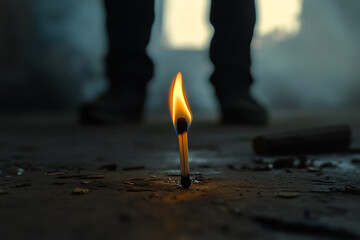 A burning match alongside a man, symbolizing the fragile nature of patience and self-control