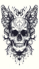Tribal Skull and Butterfly Wings Tattoo black and white illustration
