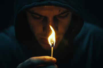A burning match alongside a man, symbolizing the fragile nature of patience and self-control