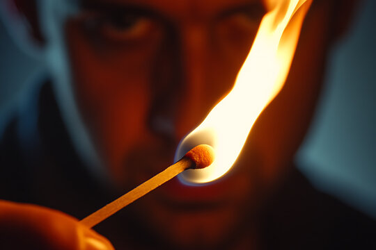 A burning match alongside a man, symbolizing the fragile nature of patience and self-control