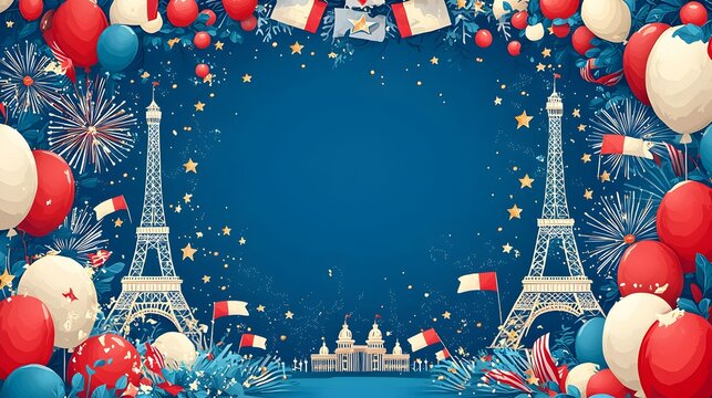 Festive French Background with Eiffel Tower  Balloons  and Fireworks