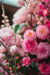 pink flower bouquets, leaf branches