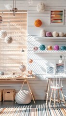 Bright and airy knitting studio with colorful yarn balls, geometric art frames, and natural light