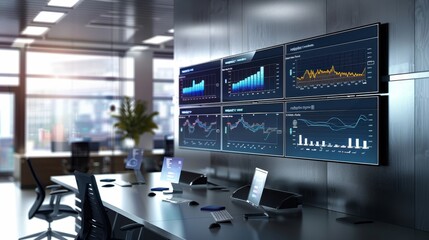 Futuristic office with digital dashboard showing predictive kpis, professionals analyzing trends