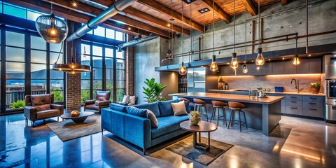 Fototapeta premium vibrant modern residence fusion gleaming copper wiring exposed industrial chic renovation electric blue accents steel beams polished concrete floors dramatic nighttime lighting
