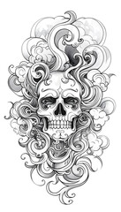Tribal Skull and Clouds Tattoo black and white illustration