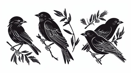 Fototapeta premium Birds linocut with botanical plant, black silhouette line style. Hand drawn sketch of stylized for print. Ai generative