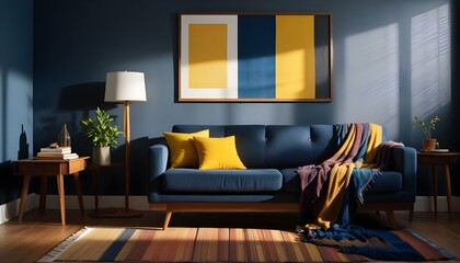Interior mockup In a white room a blue sofa is placed next to a photo frame on the wall