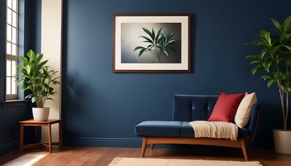 Interior mockup In a white room a blue sofa is placed next to a photo frame on the wall