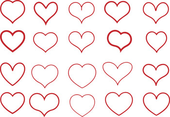 Heart Shapes Line Art, Love Shapes Icon Outline Vector Art. Simple Red Heart Shape Line Art on White Background.