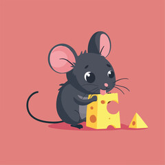Cute Mouse Eating Cheese Cartoon Rodent Dairy Food Illustration Pink Background Image Graphic