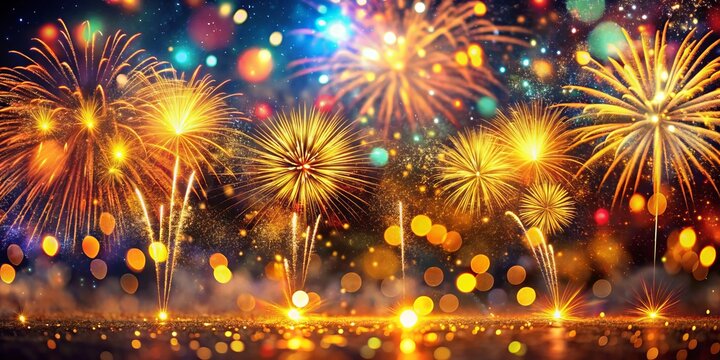 Vibrant whimsical night sky exploding with swirling colorful firework lines, bokeh lights, and subtle celebratory confetti, capturing joyous festive atmosphere, warm golden tone