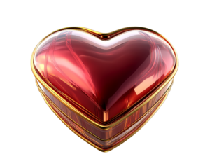 A heart-shaped box with a gold rim and a transparent lid showcases a vibrant red interior.

