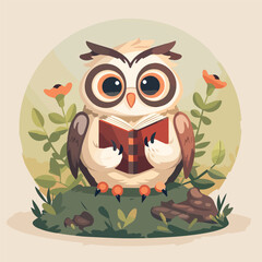 Cute Wise Owl Reading Book Education Knowledge Wisdom Back To School Bird Watching Illustration Design Graphic Element Animal Cartoon Character Floral Nature Forest Woodland Background Isolated