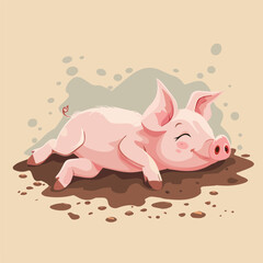 Cute Happy Piglet Lying in Mud Puddle Farm Animal Livestock Cartoon Illustration Background