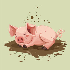 Happy Pig Mud Puddle Farm Animal Livestock Cartoon Illustration Backgroundless