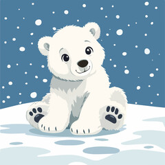 Cute Baby Polar Bear Sitting Snow Winter Arctic Wildlife Animal Mammal Cub Fur White Snowfall Cold Frost Blizzard Frozen North Pole Tundra Wilderness Nature Landscape Greeting Card Design Illustration