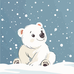 Cute baby polar bear sitting in snow winter illustration clipart graphic design arctic animal wildlife snowdrift snowfall cold weather holiday season christmas december january february greetings