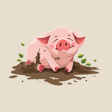 recommend clip art: Cute Pig Character Illustration Happy Farm Animal Mud Puddle Cartoon Style Pink Piglet Livestock Farming Agriculture Barnyard Mammal Domestic Animal Swine Pork Bacon Meat Foodie Meal Dinner Food
