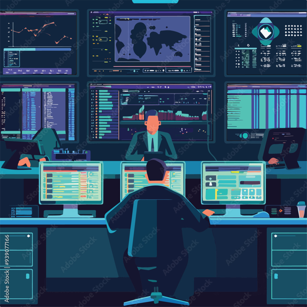Wall mural cybersecurity operation center team monitoring global network security cyberattack threat detection 