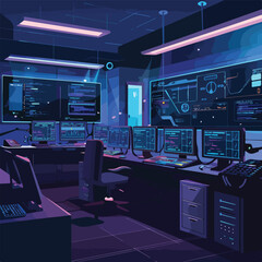 Dark Server Room Data Center Cloud Computing Network Security Technology Illustration Digital Art Concept
