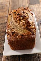 homemade banana cake on wood background
