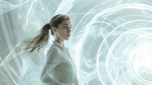 Croatian woman in digital realm with futuristic tech swirling around in realistic photo