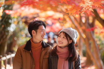 Fototapeta premium Happy Asian tourist couple enjoying beautiful view in Autumn. Travel and holiday concept