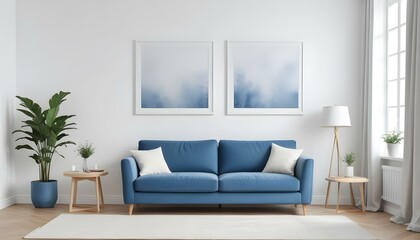 Interior mockup In a white room a blue sofa is placed next to a photo frame on the wall