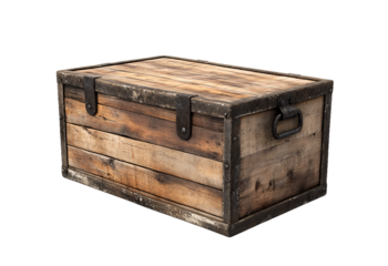 A weathered wooden chest with metal clasps and a handle sits closed on a transparent background.

