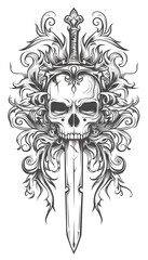 Fototapeta premium Tribal Skull and Dagger Tattoo black and white illustration