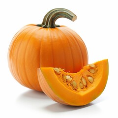 Whole orange pumpkin and slice of pumpkin isolated on white background. Clipping Path. Full Depth of field. Focus stacking